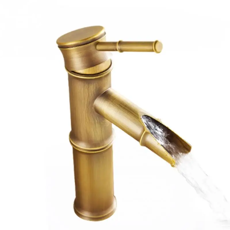 Antique Brass Waterfall Bathroom Sink Faucet Vessel Tall Bamboo Water
