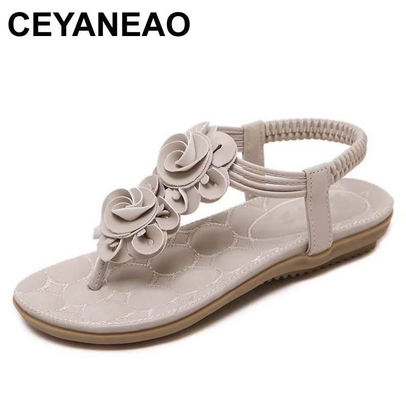 

CEYANEAO2018 Summer new sweet woman flat sandals bohemian flowers toe sandals women soft comfortable flip flops sandals size 41