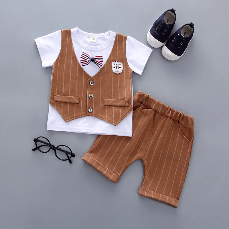 bbyz bow brown Летняя одежда для мальчиков и девочек красивая одежда Детские комплекты Повседневная футболка костюм(футболка с имитацией жилета штаны, 2 предмета в комплекте, шт./компл. детские модные спортивные костюмы - Цвет: bbyz bow brown