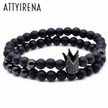 ATTYIRENA Crown Charm bracciale 2 pz/set 6mm nero rotondo naturale perline nere bracciali con perline da donna bracciale con perline 1