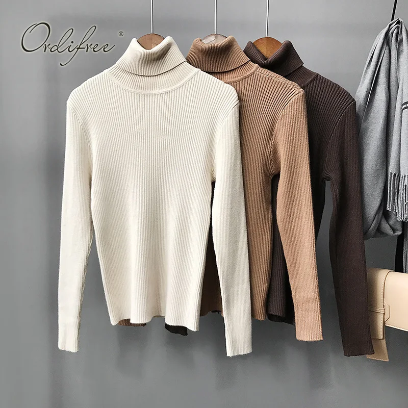 

Ordifree 2019 Autumn Winter Women Turtleneck Sweater Pull Femme Jumper Casual Solid Slim Warm Knitted Sweater Pullover