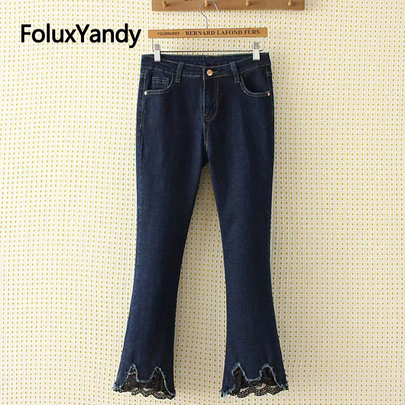 Lace Cuffs Flare Pants Denim Jeans Women Casual Stretched Slim Plus Size Skinny Jeans Blue Trousers KKFY2994 Lace Cuffs Flare Pants Denim Jeans Women Casual Stretched Slim Plus Size Skinny Jeans Blue Trousers KKFY2994
