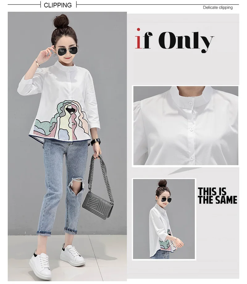 Женская рубашка с абстрактным рисунком, белая, три четверти, повседневная, для офиса, для девушек, весенние блузки, рубашки для женщин, новинка, Горячая Мода
