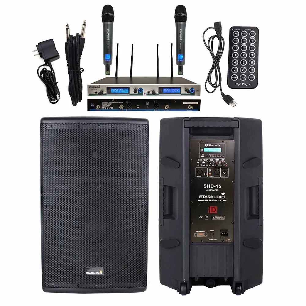 

STARAUDIO PA 15" 4000W Powered Active Speaker Club DJ Party Audio BT Speaker 2 Channel Wireless UHF Handheld Microphone SHD-15