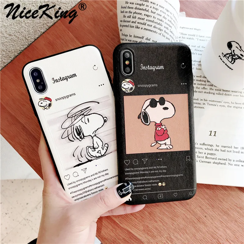 

Niceking Snoopys Phone Cases For iPhone 8 7 6S 6 Plus Case Luxury 3D Relief Matte PU Leather Case For iPhone X XS MAX XR Case