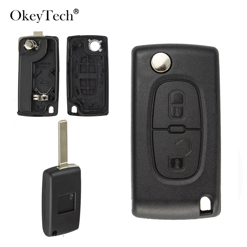 

OkeyTech Flip Folding 2 Button Remote Car Key Shell Case Cover For Peugeot 107 207 307 307S 308 407 607 Uncut Blade Battery Clip