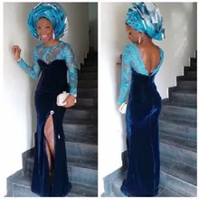 Sexy Blue African Evening Dresses With Hijab Side Slit Velvet Long Sheath Evening Dresses Lace Appliques Dress To Formal Party