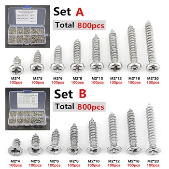 

Retail 800Pcs M2 Stainless Steel Self Tapping Wood Screw Assortment Kit Lock Nut Wood Flat head Thread Nail Screw Fastener Sets
