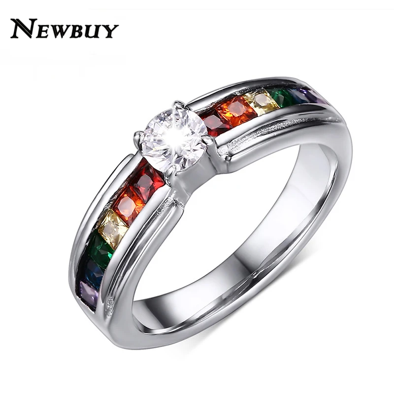 

NEWBUY Luxury Crystal Rings For Women Stainless Steel Wedding Bands With Rainbow Rhinestone Female Jewelry Less Accessories
