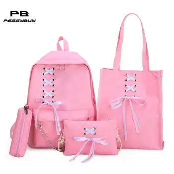 

4Pcs/Set Ribbon Chain Bowknot Letter Mochila Canvas Backpack Travel Rucksacks Leisure Backpacks For Teenage Girls School Bagpack