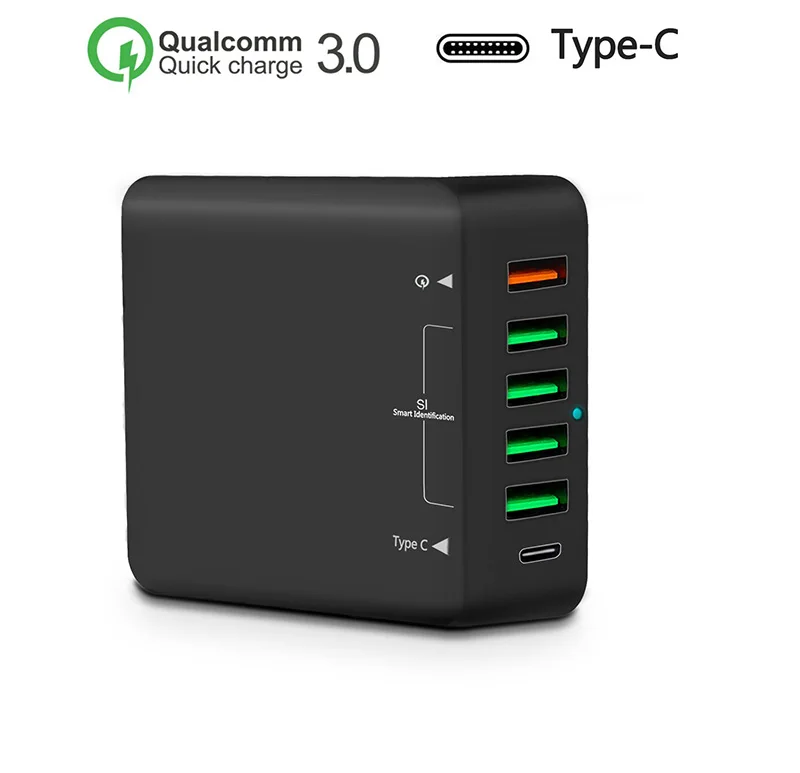 6-port 60W type-C usb зарядная станция, настенное зарядное устройство концентратор быстрая зарядная станция с Qualcomm Quick Charge 3,0 и type C