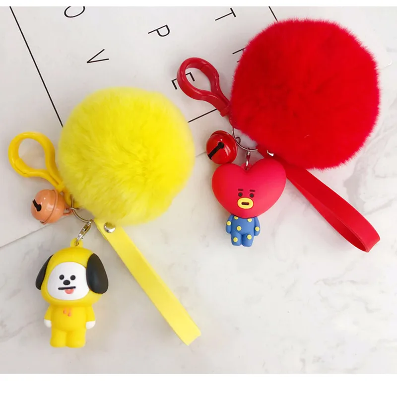 BaoChenYi  BT21 Cute Fur Ball Plush Keychain Tata Chimmy Handbag Charm Pendant Key Holder Chain Accessory For Kid YLM9634