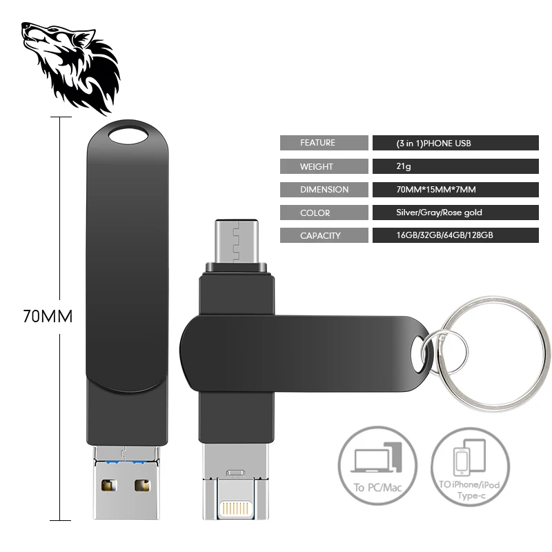 Wolf Тип C 3 в 1 Флешка USB флеш накопитель 128 Гб 64 ГБ 32 16 8 для iPhone и компьютера|USB