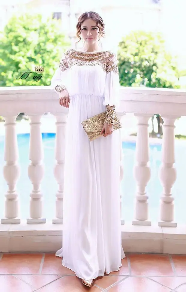 Женское вечернее платье, белое платье с вышивкой из бусин и с длинным рукавом, длинное платье-макси, лето - Цвет: picture color