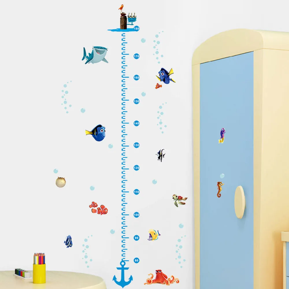 Мультяшная Акула, рыба, лодка, измеряемая высота, наклейка на стену для детской комнаты, диаграмма роста, настенные наклейки, плакаты, Фреска, декор для ванной комнаты, 18Oct