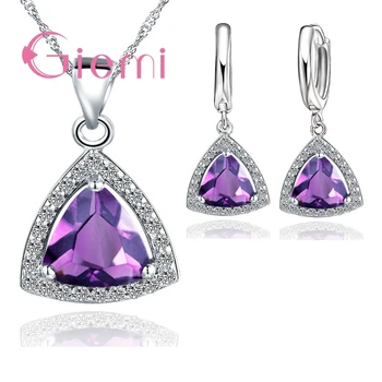 

Pure 925 Sterling Silver Jewelry Sets Shiny Triangle Cubic Zirconia Necklace Earrings Bridal Women Wedding Jewellery