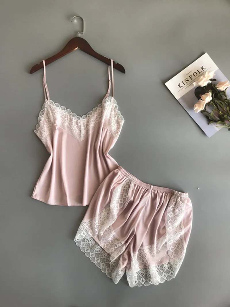 BZEL, новые пижамные комплекты, сексуальные кружевные пижамы для женщин, с v-образным вырезом, Пижама для женщин, летняя одежда для сна, атласное ночное белье, женское нижнее белье - Цвет: pink