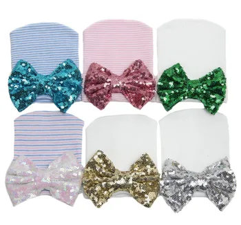 

Hospital Newborn Hat baby girl hat baby tire hat sequined bow striped knit hat baby Christmas gifts autumn and winter beanies