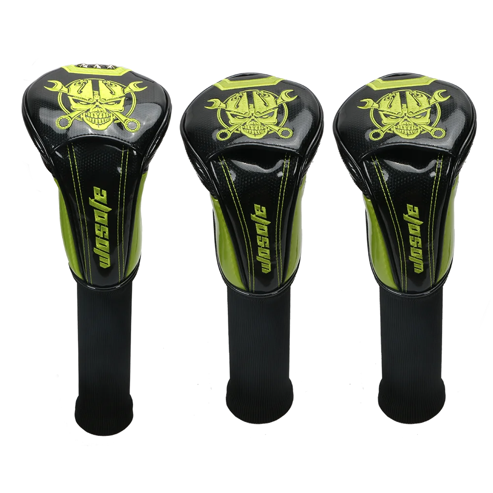 NEW Golf Club Headcovers 1# Driver 3# 5# Wood # Hybrid Cover black PU Leather with green Skull embroidery Head Covers NEW Golf Club Headcovers 1# Driver 3# 5# Wood # Hybrid Cover black PU Leather with green Skull embroidery Head Covers