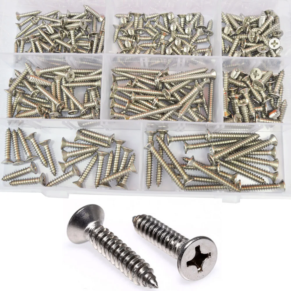 Kopen #6 #8 #10 Phillips Platte Kop Zelftappende Schroef Draad Metrisch Cross Verzonken Bolt Assortiment Kit Set 304 Roestvrij Staal
