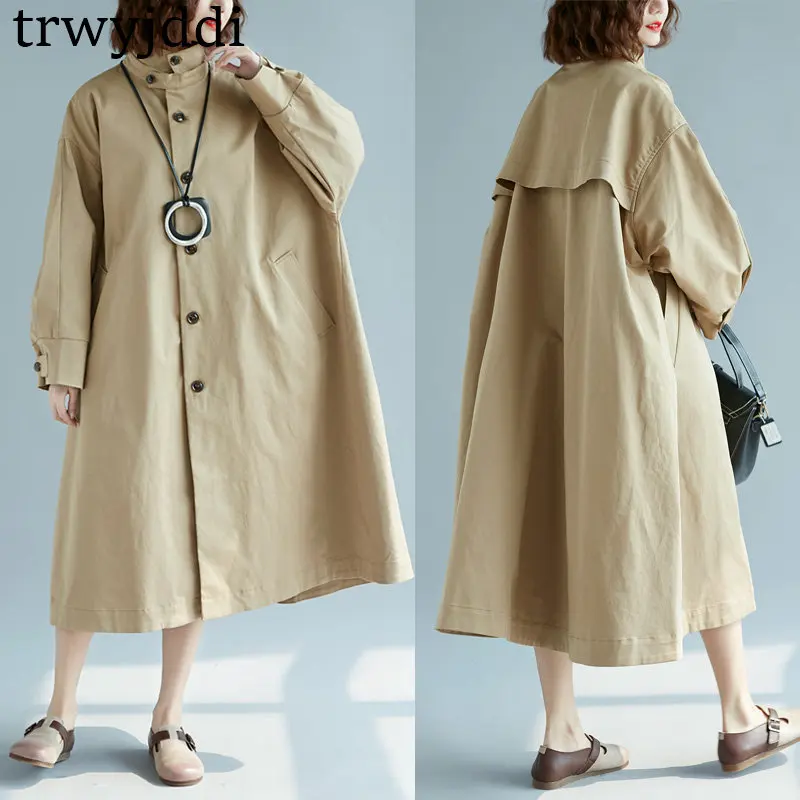 Femmes De Automne Printemps Kaki Manteau Col Coupe vent Khaki Tendance Stand 2018 Lâche A1263 Tranchée Style Littéraire Grande Manteaux Taille Nouvelle FpxqCxwzv