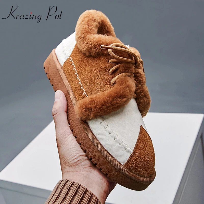 

krazing pot cow suede horsehair sheep fur snow boots lace up waterproof sweet lady gorgeous sewing mixed color ankle boots L27