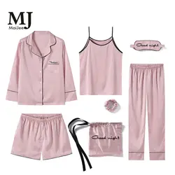 MJ045A 7 Pic пижамный комплект шелка Pijama Mujer розовый Pijama Feminino Pigiama Donna атласные пижамы pyama женщина Ночной костюм Invierno Mujer