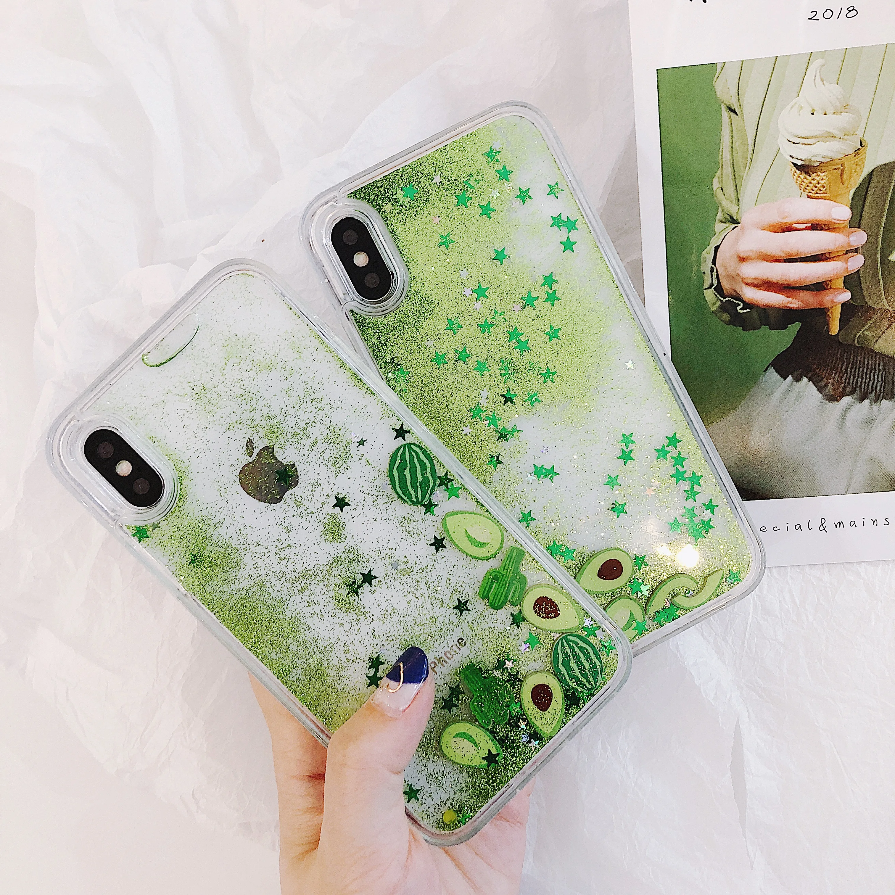 Блестящий чехол с сияющими блестками арбузом авокадо для iPhone XR X XS Max Flower Liquid Fruit Back