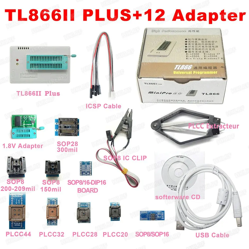 V.9.00 XGECU TL866CS TL866A TL866II ПЛЮС Универсальный USB программатор биос Nand MiniPro программатор 24 25 93 MCU биос EPROM - Цвет: TL866II-12 adapter