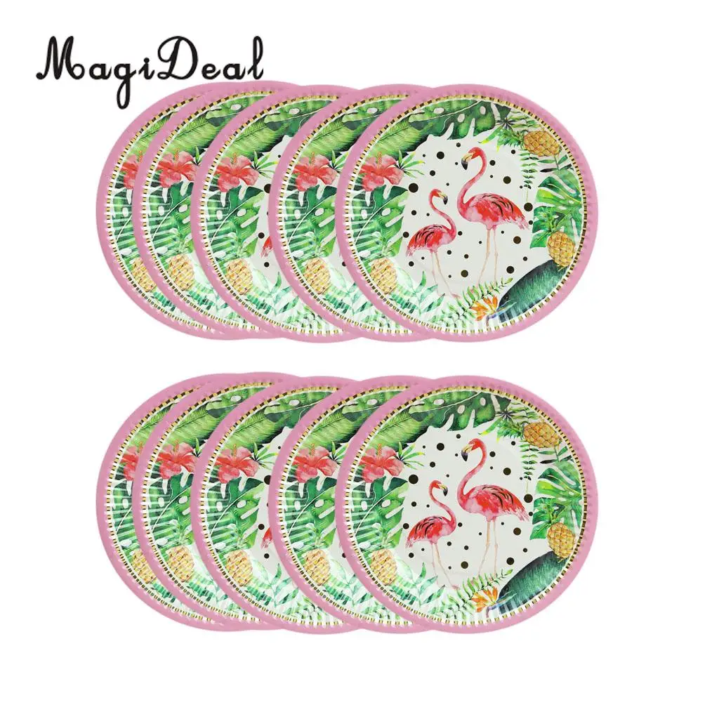 MagiDeal 10x Pink Green Watercolor Flamingo Paper Plates Disposable Party Tableware