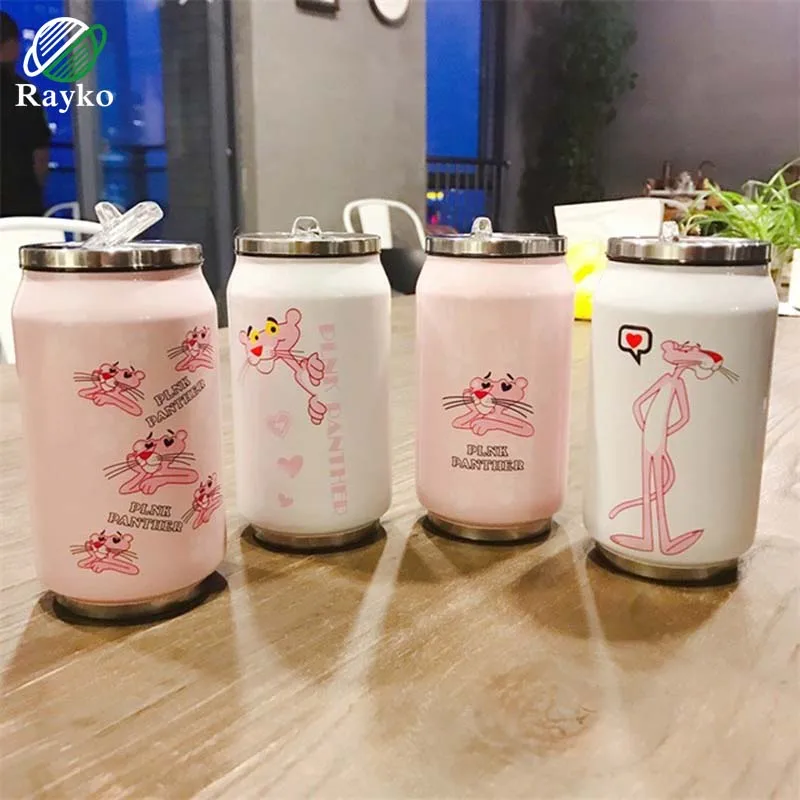 

Creative New Pink Leopard Thermoses Cartoon Children Stainless Steel Straw Vacuum Flasks Fashion Coffee Thermoses