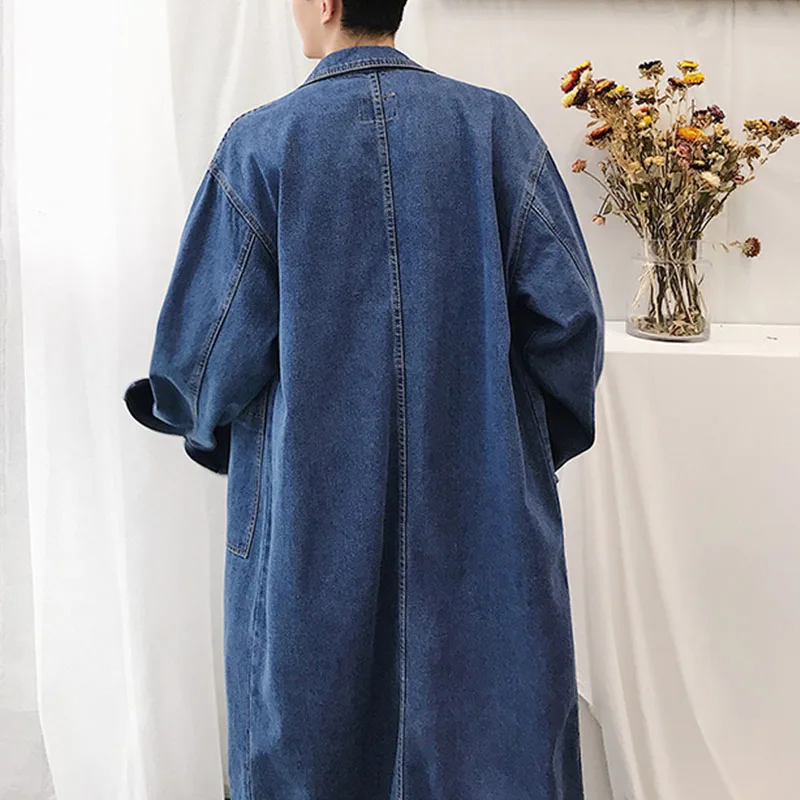 Японский ретро стиль, мужской длинный джинсовый Тренч, однобортный пиджак с большими карманами, мужское свободное Синее джинсовое пальто выше колена