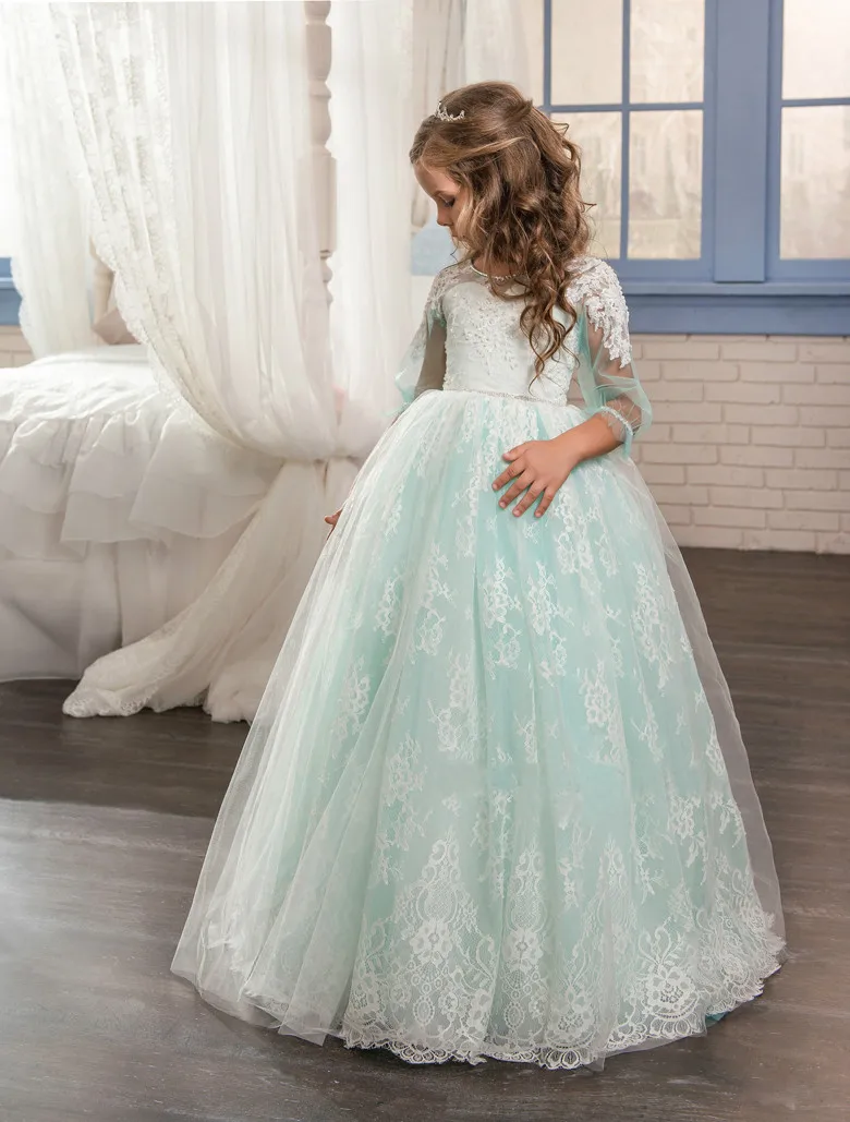 

Mint Green Lace Flower Girls Dress vestido primera comunion Little Kids Party Gowns For Wedding
