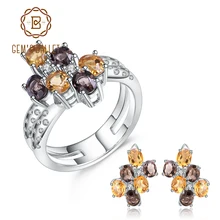 GEM'S BALLET, натуральный дымчатый кварц, цитриновые серьги, набор колец, хорошее ювелирное изделие, роскошный 925 пробы Серебряный свадебный набор украшений для женщин