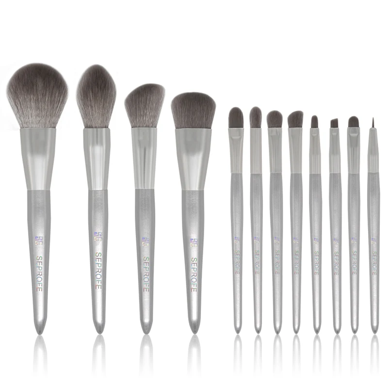 12 pcs silver makeup brushes set of beginners moonlight silver eyeshadow brush Blending Eyeliner Eyelash Eyebrow Make up Brushes - Handle Color: with logo