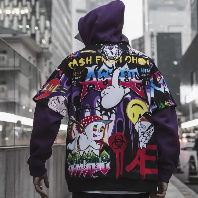 Hip Hop Graffiti Hoodie Men Fleece Pullover Harajuku Casual Streetwear
