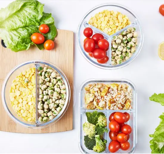 

3-Compartments Microwavable Leakproof Lunch Box Good Transparent Borosilicate Glass Lunch Box Dinnerware Sets Rectangle Round