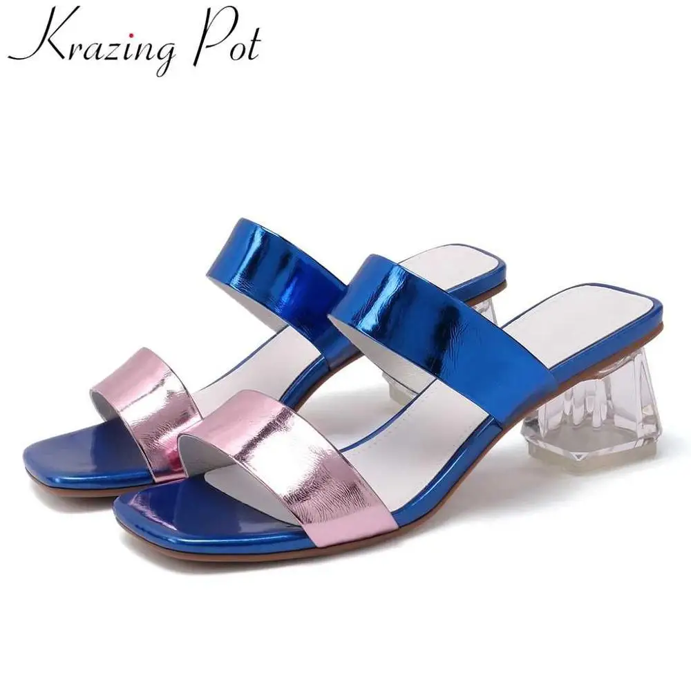 

Krazing pot mixed colors cow leather summer crystal med heels women sandals peep square toe fashion runway big size sandals L0f3