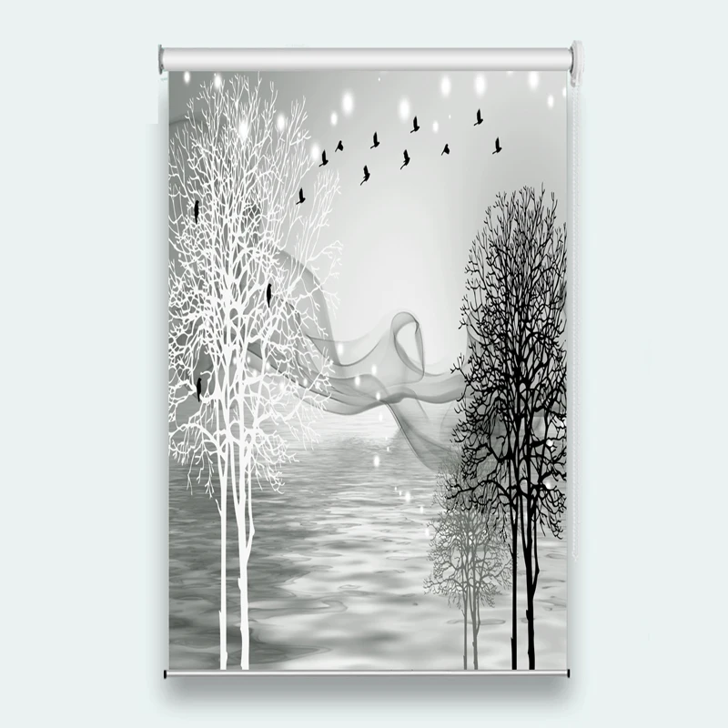 

Black and white Curtains Blackout Window Roller Curtains Living Room Bead Rope Shade Sheer Curtains Landscape Drapes