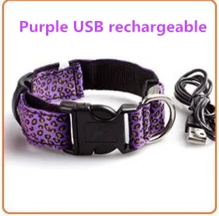Светодиодный ошейник для собак, нейлоновый ошейник, светильник, Леопардовый ночной светодиодный, светящийся Регулируемый ошейник для собак, ошейник для собак A03 - Цвет: purple USB recharge