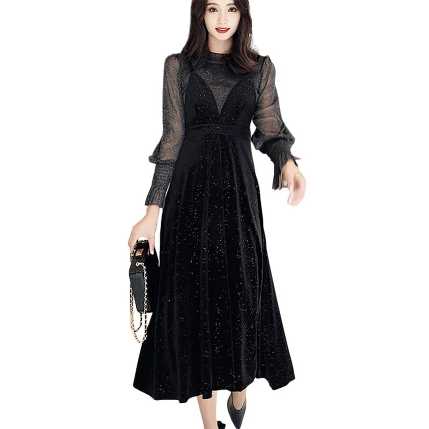 

Sexy See Through Mesh Dress Women Velvet Two-Piece Set Dresses Fashion Black Mesh Loose Long Sleeve Dress Spring Inside T-Shirt