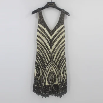 

Sexy Deep V Neck Sleeveless Back Cut Out Summer Party Dress Geometric Beaded Sequin Dress Irregular Hem Slim Gatsby Dress