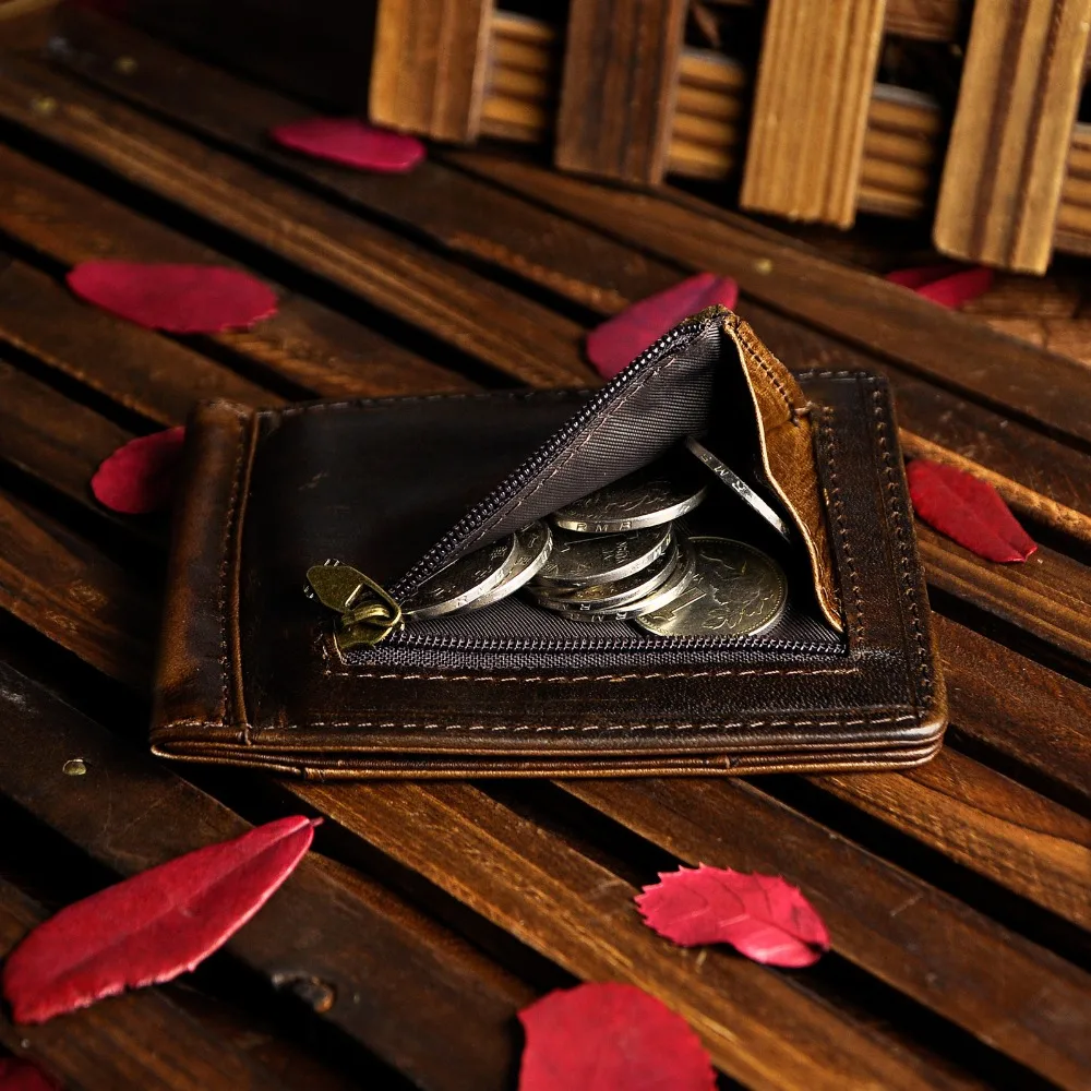 Genuine Leather Men Magnetic Money Clip Wallet Business Card Photo Holder Case Design Front Pocket Wallet Mini Purse Male 1099-c