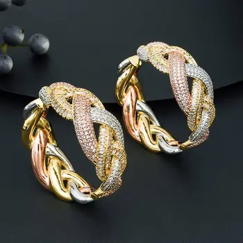 

ModemAngel Luxury Rhinestones Twist Shape Flower Big Earrings For Women Cubic Zircon Earring Jewelry Wide 3Tone Color Plated