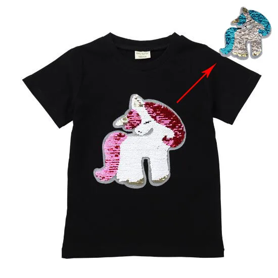 2019 Летняя мода изменить цвет блесток Единорог короткая белая черная футболка
