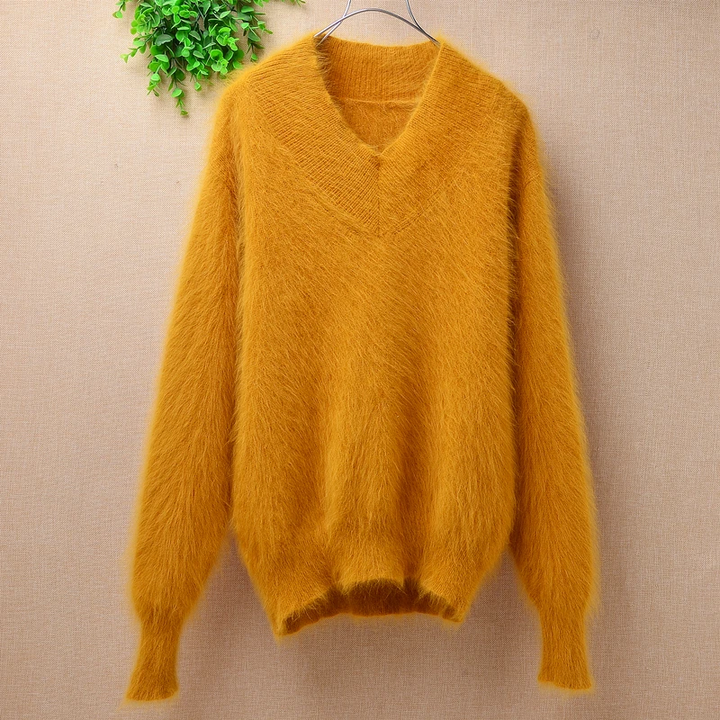 

Small size female women warm slim plush fuzzy angora rabbit fur hand knitted V-neck pullover sweater mink cashmere velvet coat