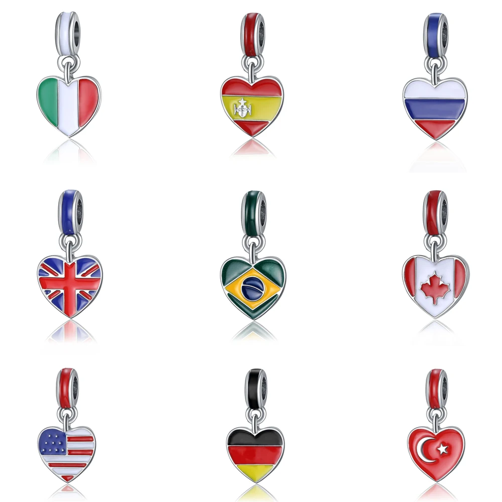 

Fashion Silver Plated Charms Bead Canada Italy Flag Heart Dangle Enamel Charms Fit Pandora Bracelets & Bangles DIY Women Jewelry