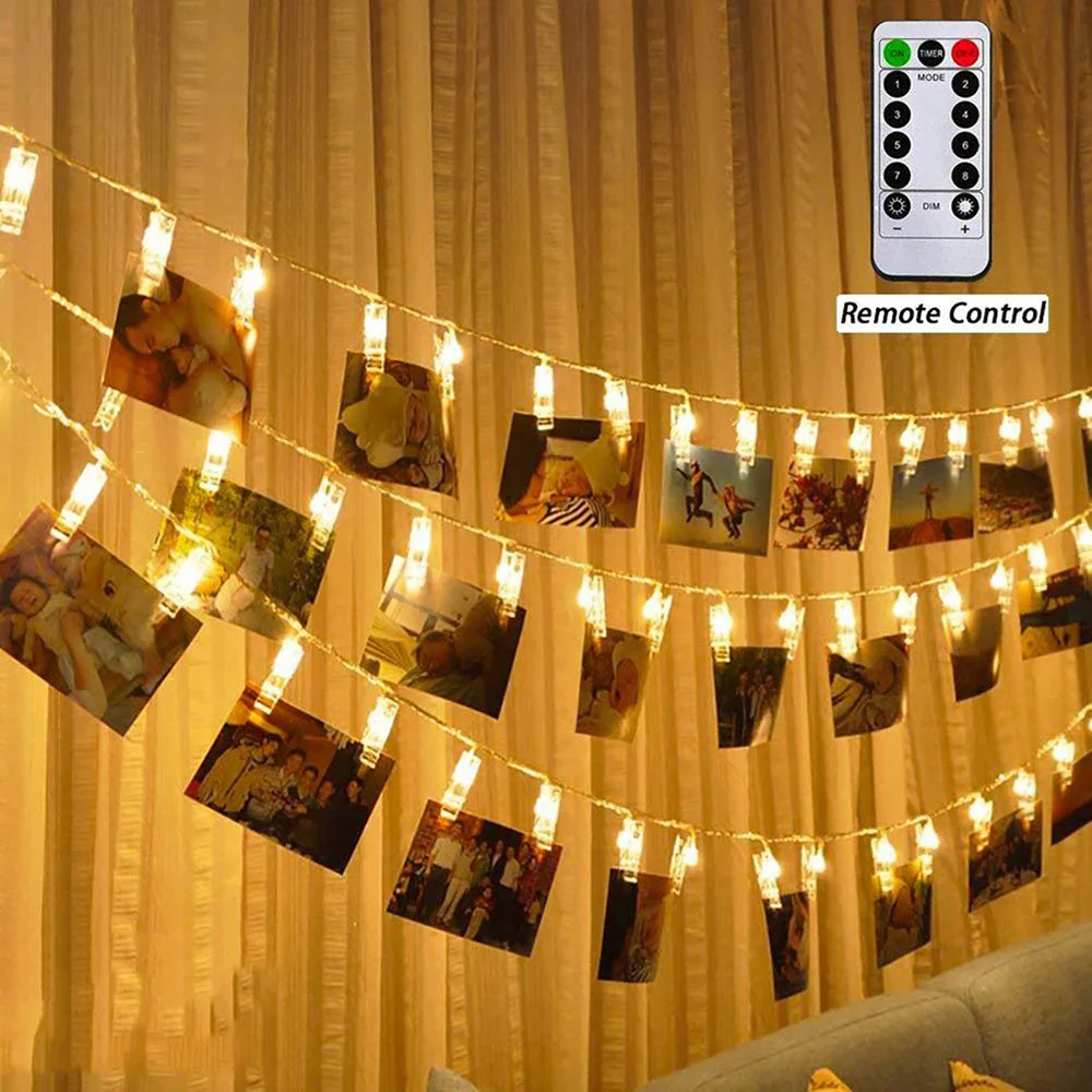 

Dimmable 8 Modes 20/30/40/50leds Photo Clips Holder String Lights with Remote & Timer Function Home/Party/Christmas Decor Lights