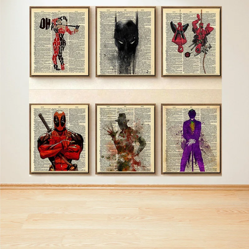 Marvel ретро-постер к фильму, винтажный крафт-стиль, домашний декор, висячая картина, Безрамное полотно, картина маслом, Человек-паук, Дэдпул, Бэтмен