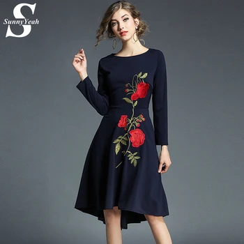 

SunnyYeah High Quality Winter Dress Women Casual Floral Embroidery Party Dresses 2018 Fashion Ladies Office Dress Vestidos Mujer